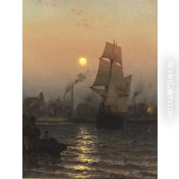 Shipping In Harbor By Moonlight Oil Painting by Mauritz F. H. de Haas