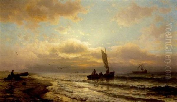 Fishermen At Sunset (montauk?) Oil Painting by Mauritz F. H. de Haas