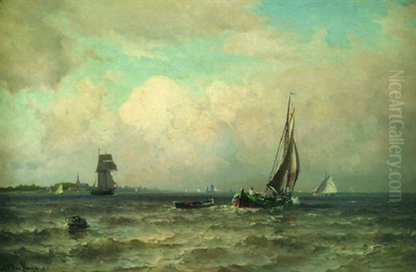 Ships Near A Harbor Oil Painting by Mauritz F. H. de Haas