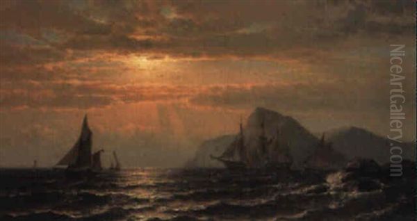 Sailing Vessels Off A Rocky Coast At Sunset Oil Painting by Mauritz F. H. de Haas