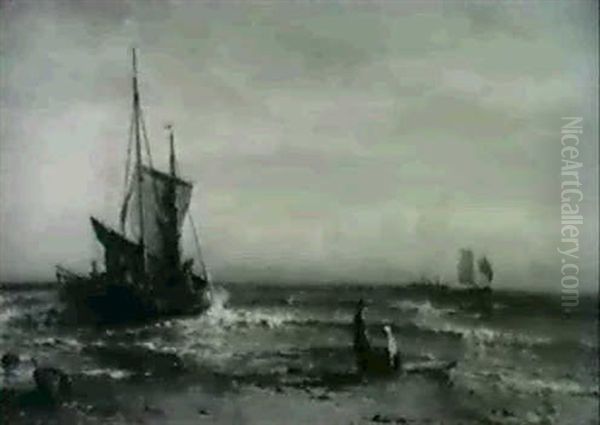 Fisherfolk On The Shore Oil Painting by Mauritz F. H. de Haas