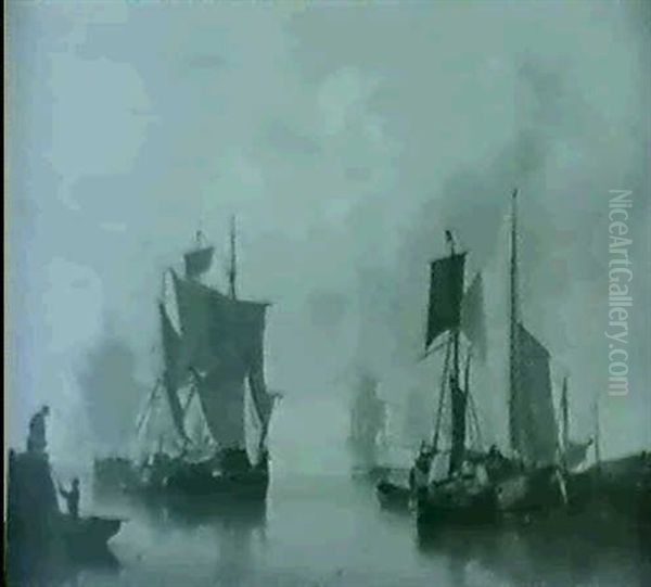 Ships In A Dutch Harbor/a Luminest View Oil Painting by Mauritz F. H. de Haas