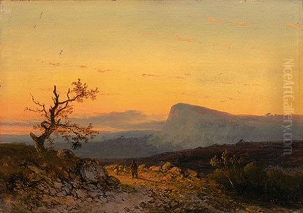 Abendlandschaft Mit Schafherde Auf Dem Heimweg Oil Painting by Sebastian Habenschaden