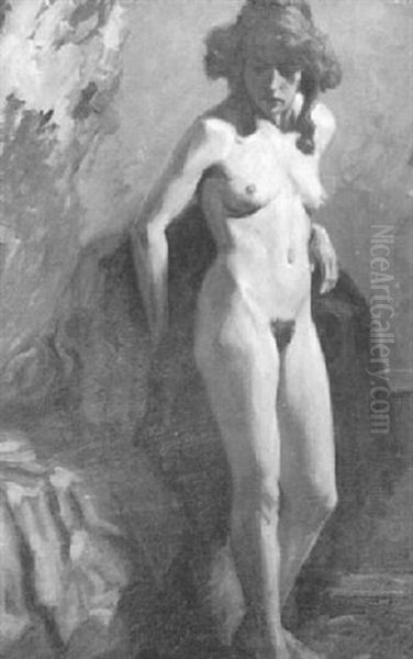 Stehender Weiblicher Akt Im Halbprofil Mit Teilweise Gelostem Haar Oil Painting by Hugo von Habermann the Elder