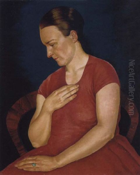 Frau In Rot Oil Painting by Rudolf Hacke