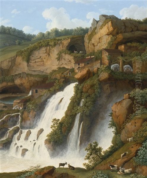 View Of The Waterfall At Anitrella With Goats Grazing Nearby Oil Painting by Jacob Philipp Hackert
