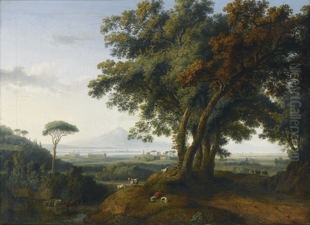 An Italian Capriccio Veduta, With A Greek Temple Near A Shoreline, And A Distant Volcano Oil Painting by Jacob Philipp Hackert