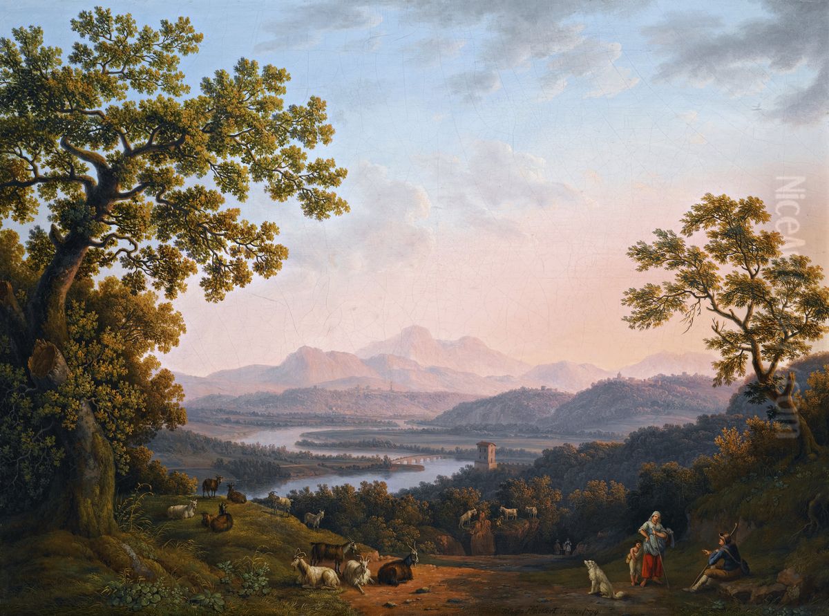 A View Along The Valley Of The River Tiber Towards Poggio Mirteto, And Beyond The Sabine Mountains Lit Up By The Evening Sun Oil Painting by Jacob Philipp Hackert