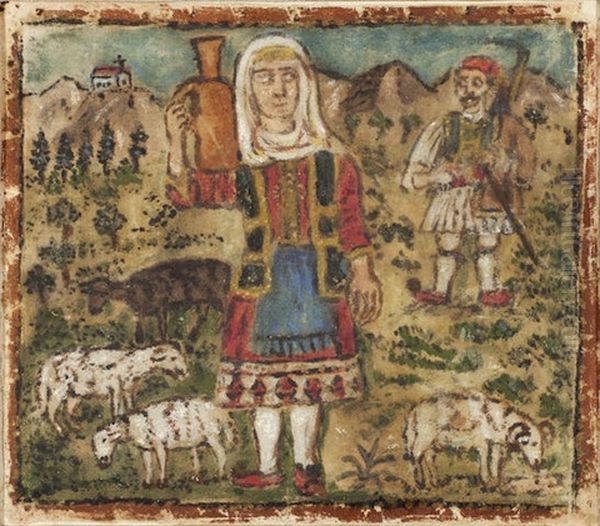 A Pair Of Bucolic Scenes Oil Painting by Theofilos Hadjimichail