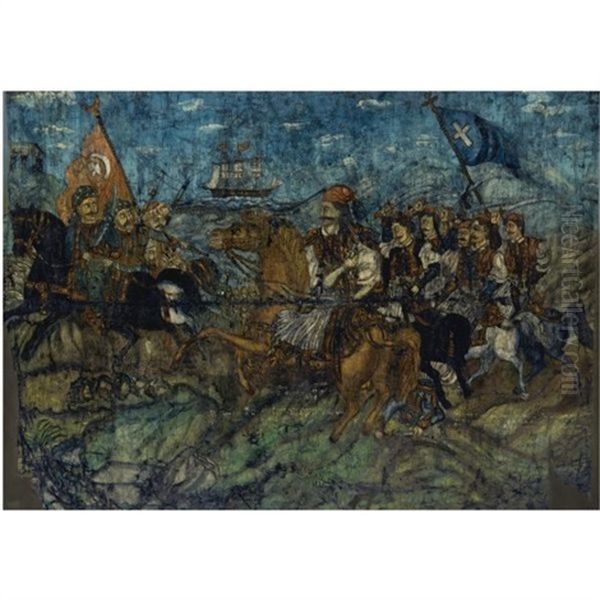 Karaiskakis At The Battle Of Faliron, 22 April 1826 Oil Painting by Theofilos Hadjimichail