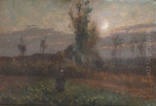 Paysanne Au Champ Au Clair De Lune Oil Painting by Leopold Haeck