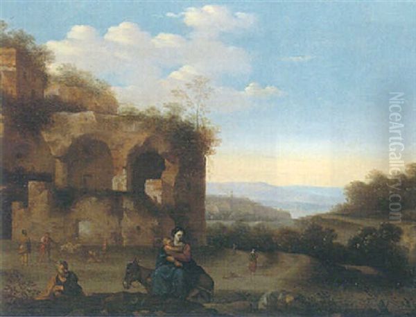An Italianate Landscape With Ruins And The Flight Into Egypt Oil Painting by Johan van Haensbergen