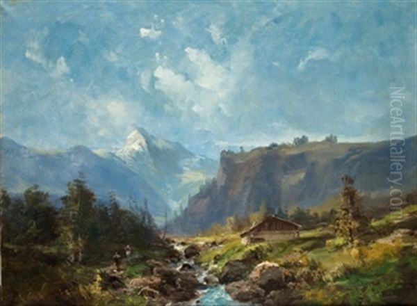 Paisaje Con Torrente,cabana Y Personajes Oil Painting by Carlos de Haes