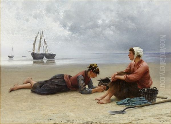 Vilande Musselplockerskor Oil Painting by August Vilhelm Nikolaus Hagborg