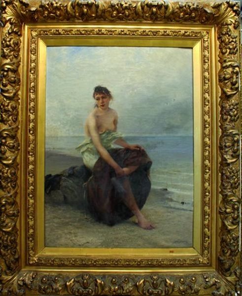 Femme De Pecheur Sur Un Rocher Oil Painting by August Vilhelm Nikolaus Hagborg