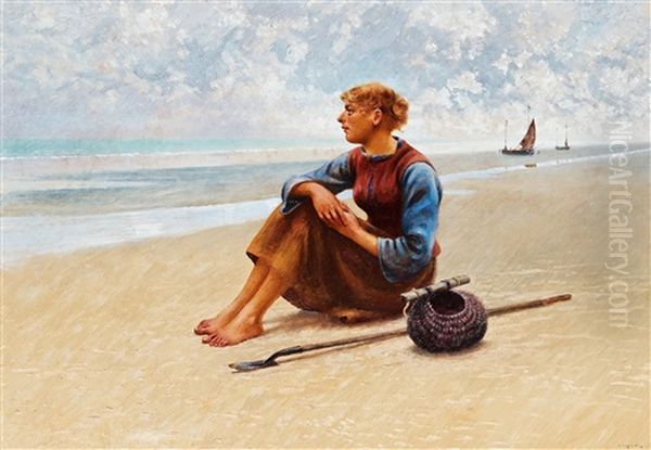 Fisherwoman On The Coast Oil Painting by August Vilhelm Nikolaus Hagborg