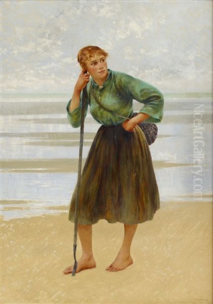 Musselplockerska Pa Stranden I Bretagne Oil Painting by August Vilhelm Nikolaus Hagborg