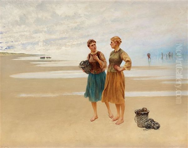 Strandmotiv Med Franska Fiskarflickor Oil Painting by August Vilhelm Nikolaus Hagborg