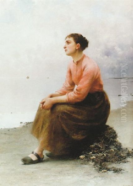 Fiskarflicka Pa Stranden Oil Painting by August Vilhelm Nikolaus Hagborg