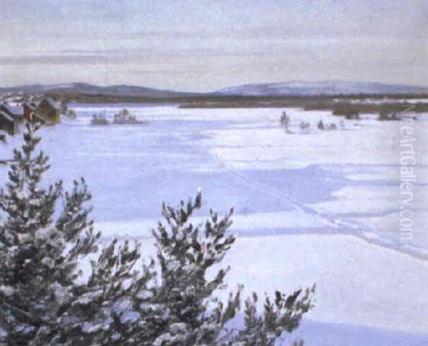 Vinterlandskap Oil Painting by August Vilhelm Nikolaus Hagborg