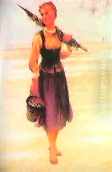 Strandbild Med Ostron- Plockerska Oil Painting by August Vilhelm Nikolaus Hagborg