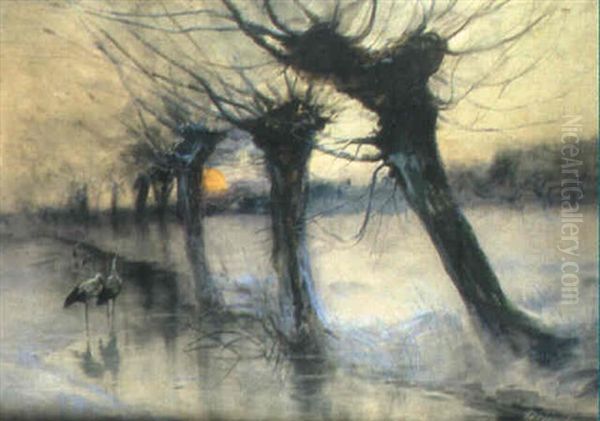 Storks In A Winter Landscape Oil Painting by Maurice Hagemans