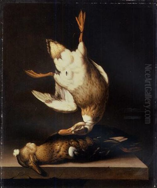A Dead Duck Suspended From A Nail With A Fly Above A Duck On A Stone Table Ledge Oil Painting by Jacobus van der Hagen