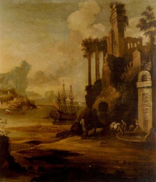 An Italianate Landscape With A Man O'war At Anchor In A Bay Beyond Oil Painting by Willem van der Hagen
