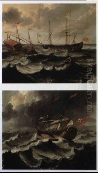 Spanish Galley And English Levanter In A Gale Oil Painting by Willem van der Hagen