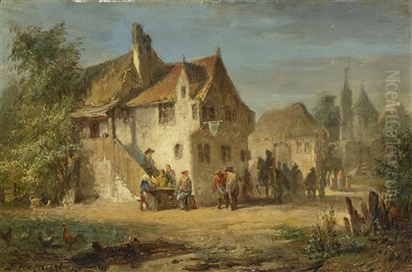 In Front Of The Village Oil Painting by Louis (Ludwig) von Hagn