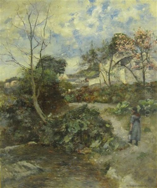 The Footbridge; And On A Path By A Stream Oil Painting by Joshua Anderson Hague