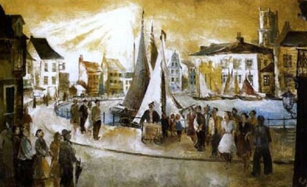 Hurdy-gurdy Man In A Port Town Oil Painting by Charly Haehnel