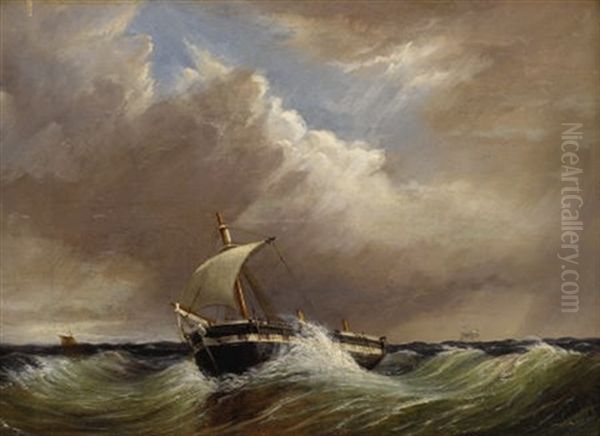 Untitled - Seascape With Single-mast Fishing Vessel Oil Painting by Thomas H. Hair