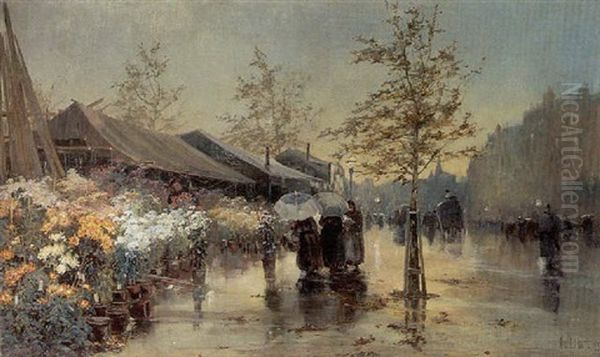 A Flower Market In Wet Weather Oil Painting by George Charles Haite