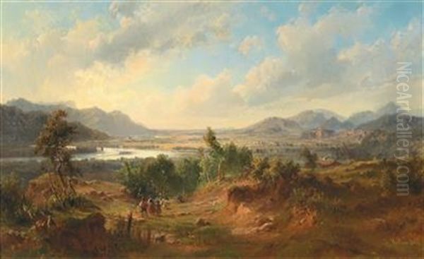 Open River Landscape With Decorative Figures In The Foreground Oil Painting by Ludwig Halauska