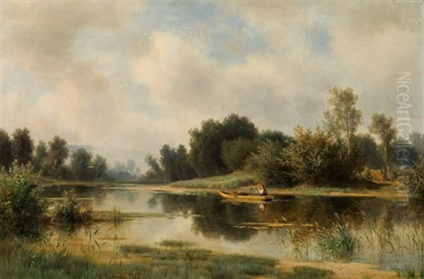 River Landscape With Fishing Boat Oil Painting by Ludwig Halauska