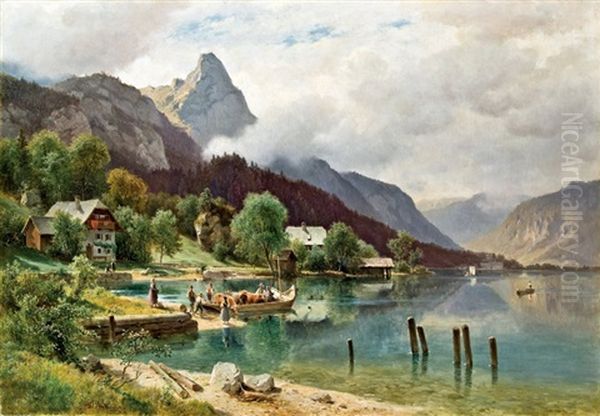 Weissenbach Near Attersee With View Of The Schoberstein Oil Painting by Ludwig Halauska