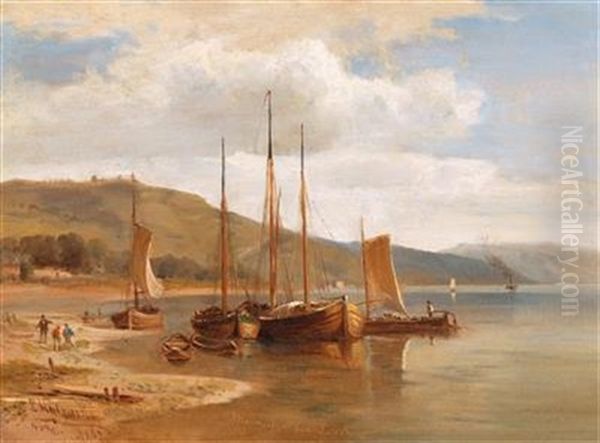 Ships On The Rhine Riverbank At Lorch Oil Painting by Ludwig Halauska