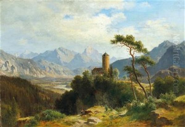 View Of Castle Klamm In The Oberinntal With A View Of The Sulstein Oil Painting by Ludwig Halauska