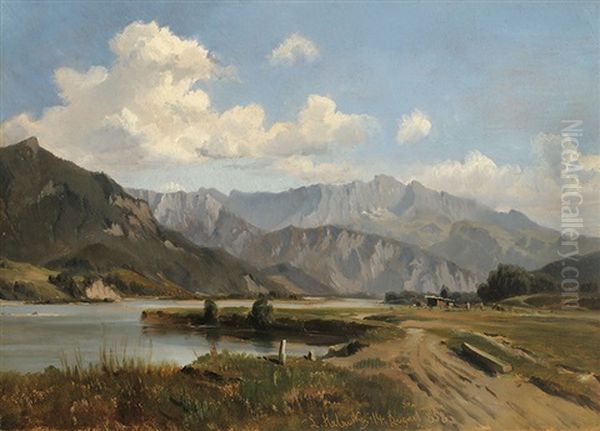 The Wild Kaiser At The Inn River Oil Painting by Ludwig Halauska