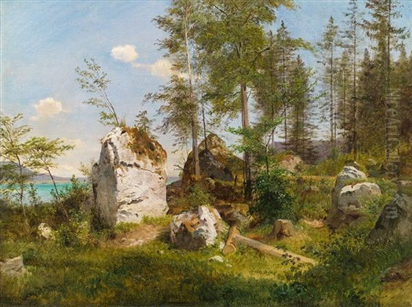 Uferlandschaft Bei Weisenbach Am Attersee Oil Painting by Ludwig Halauska