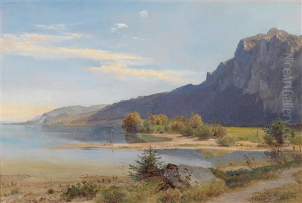 Die Mundung Des Weissenbachs In Den Attersee Oil Painting by Ludwig Halauska