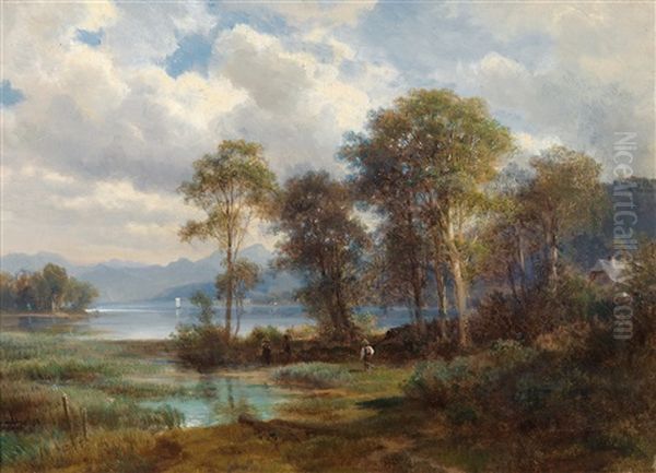 Motiv Vom Attersee (ober Oesterreich) Oil Painting by Ludwig Halauska