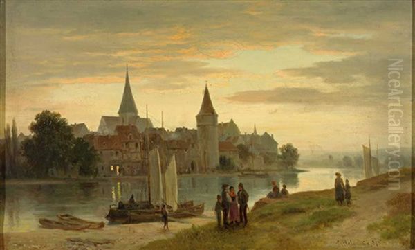 Flusslandschaft Mit Angelegten Booten Und Personenstaffage Vor Mittelalterlicher Stadtsilhouette Oil Painting by Ludwig Halauska