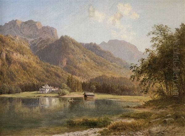 Der Langbathsee Im Salzkammergut Oil Painting by Ludwig Halauska