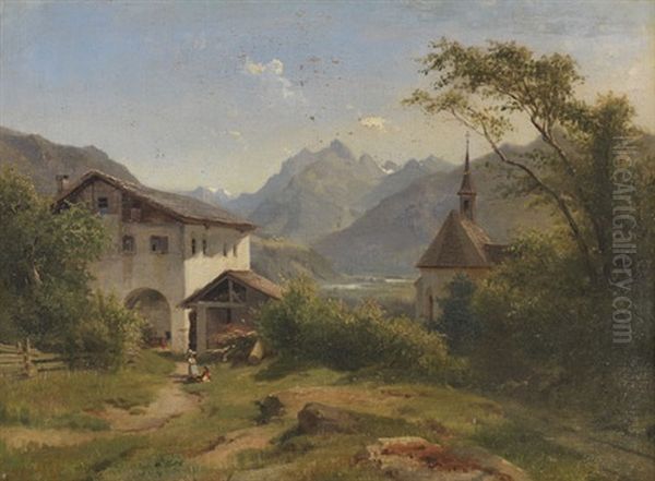 Sommertag Im Oberinntal Mit Bauernhof Und Kapelle Oil Painting by Ludwig Halauska