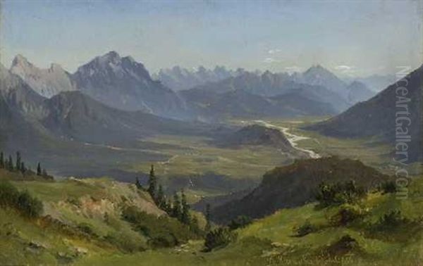 Blick In Ein Weites Gebirgstal Oil Painting by Ludwig Halauska