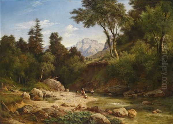 Kleine Angler Am Bach Oil Painting by Ludwig Halauska