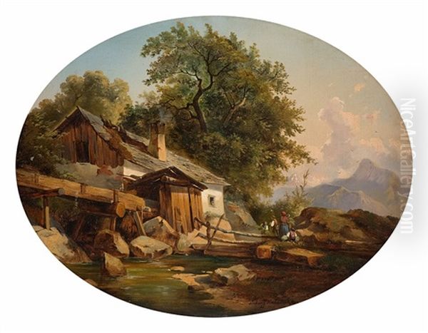 Alpine Idyll Oil Painting by Ludwig Halauska
