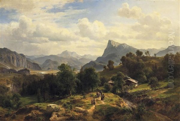 Groses Alpenpanorama Mit Blick Von Maienfeld In Graubunden Richtung Liechtenstein Oil Painting by Ludwig Halauska